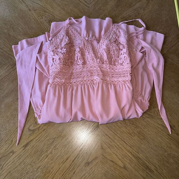 Woman’s Sexy V Neck Tie Back Lace Ruffle Sun Dress Pink Fairy Summer Size M - Picture 5 of 7